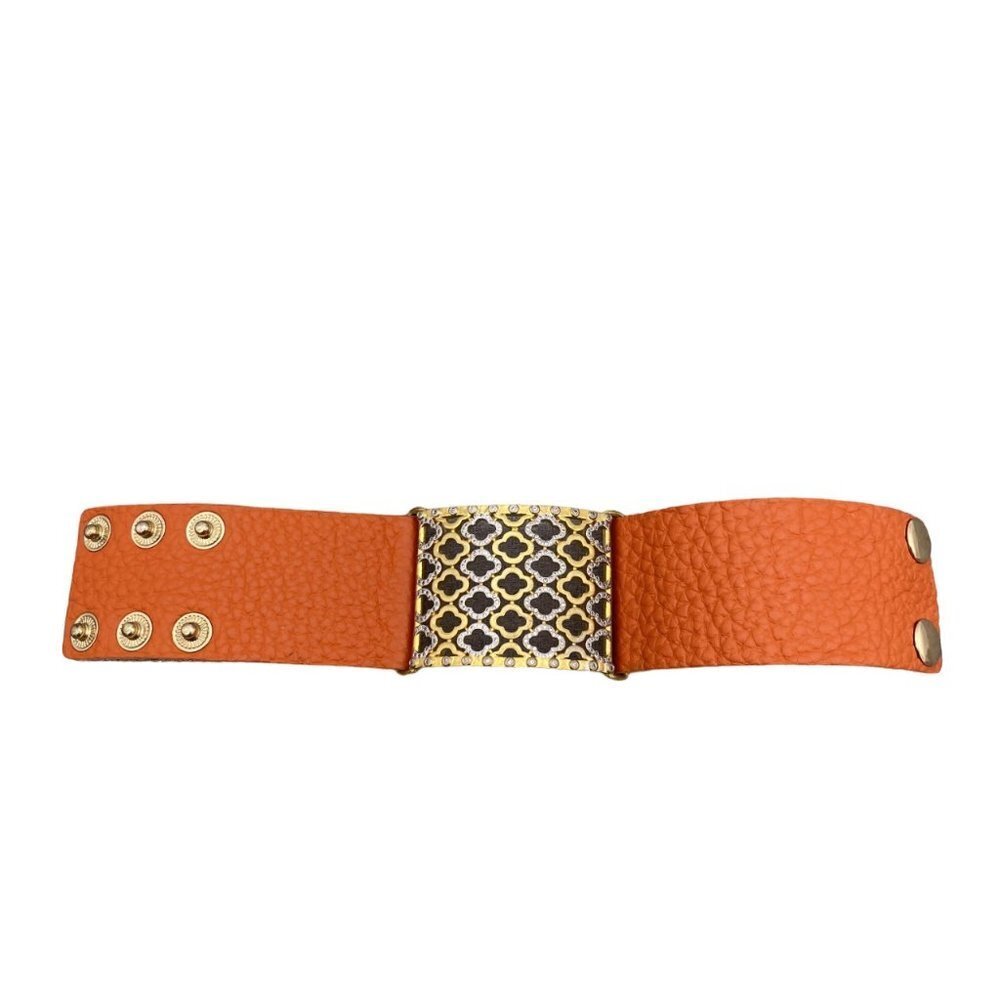 Sheng Tong Rhinestone Cuff Bracelet Snap Closure Adjustable Gold Tone and Orange